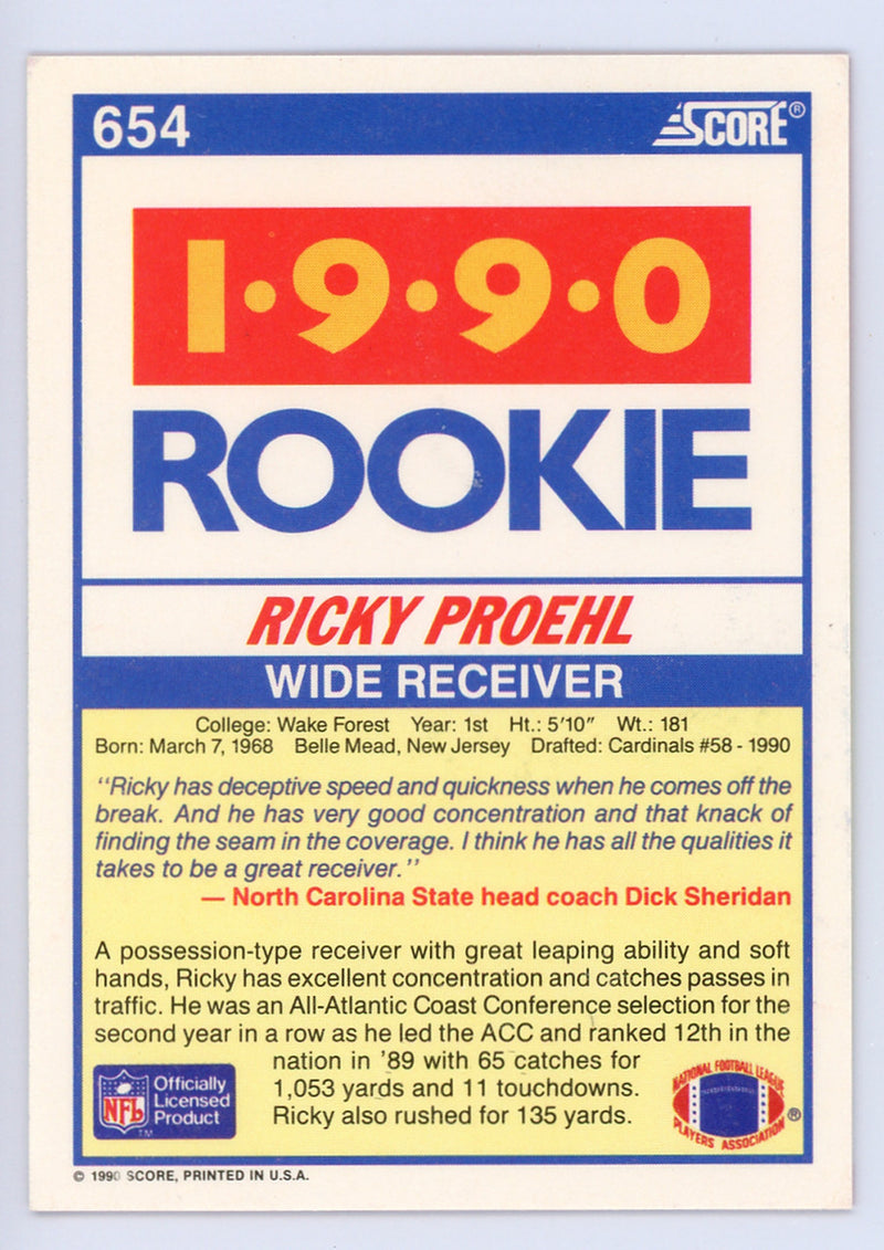 Ricky Proehl Autographed 1990 Score Card #654 Phoenix Cardinals SKU #134722