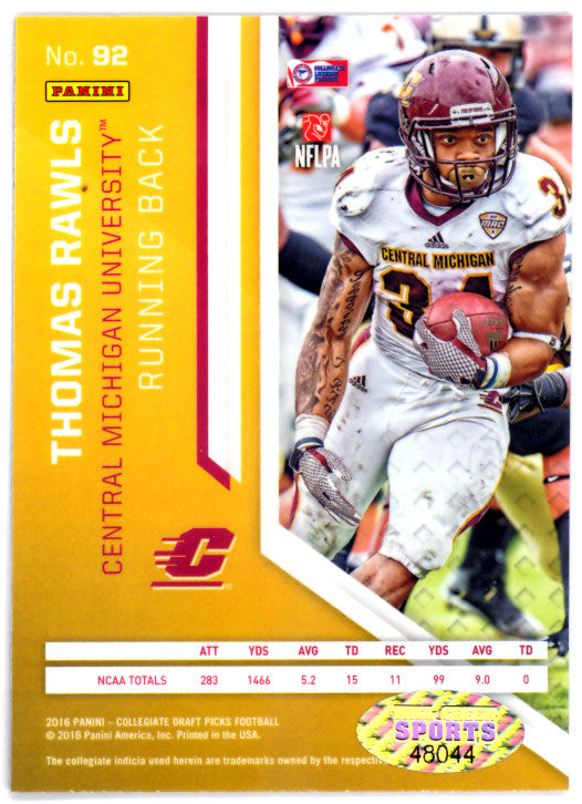 Thomas Rawls Autographed 2016 Panini Prizm Draft Picks Rookie Card #92 Seattle Seahawks MCS Holo Stock #112318