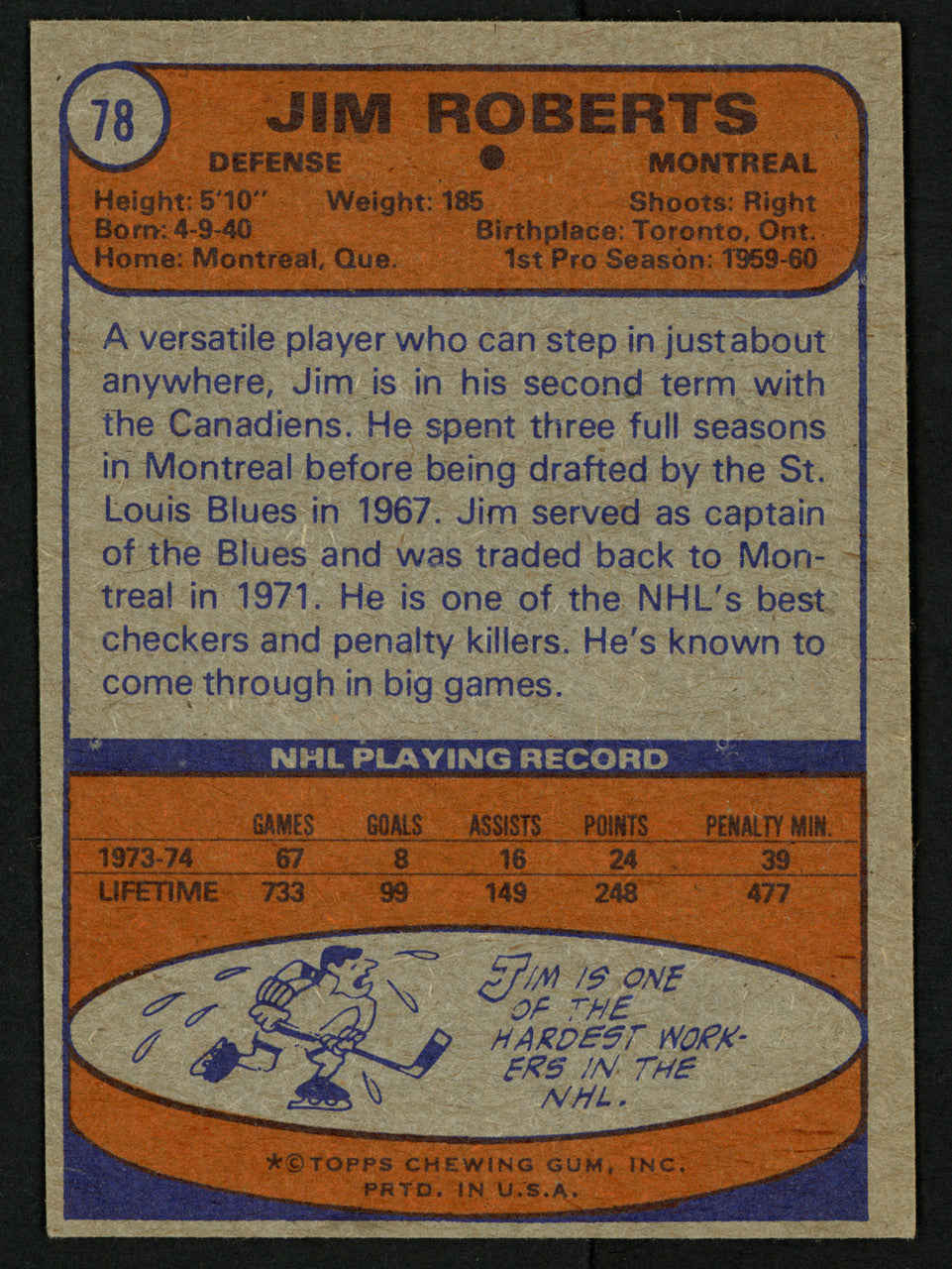 Jim Roberts Autographed 1974-75 Topps Card #78 Montreal Canadiens SKU #150080
