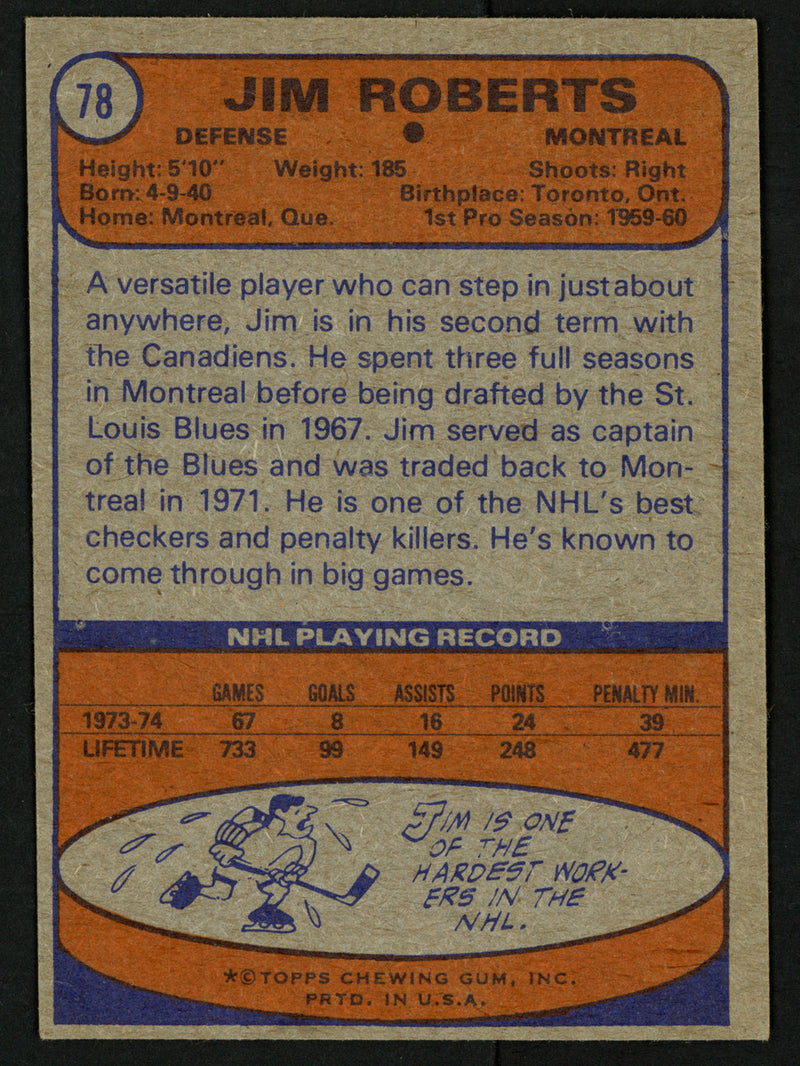 Jim Roberts Autographed 1974-75 Topps Card #78 Montreal Canadiens SKU #150080
