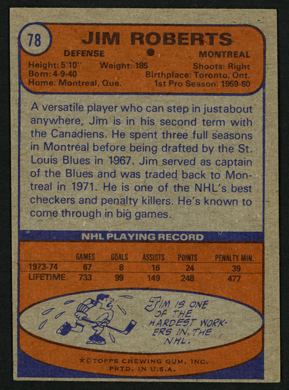Jim Roberts Autographed 1974-75 Topps Card #78 Montreal Canadiens SKU #150081