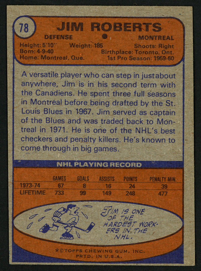 Jim Roberts Autographed 1974-75 Topps Card #78 Montreal Canadiens SKU #150081