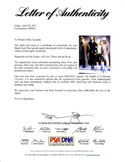 Black Eyed Peas Autographed 8x10 Photo Fergie, will.i.am, Taboo & apl.de.ap PSA/DNA #S00402