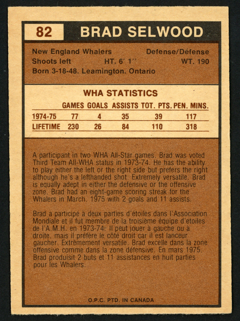 Brad Selwood Autographed 1975-76 WHA O-Pee-Chee Rookie Card #82 New England Whalers SKU #151324