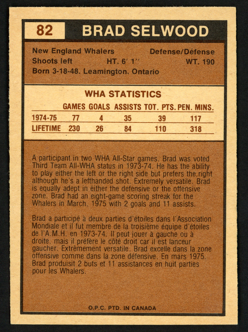 Brad Selwood Autographed 1975-76 WHA O-Pee-Chee Rookie Card #82 New England Whalers SKU #151325