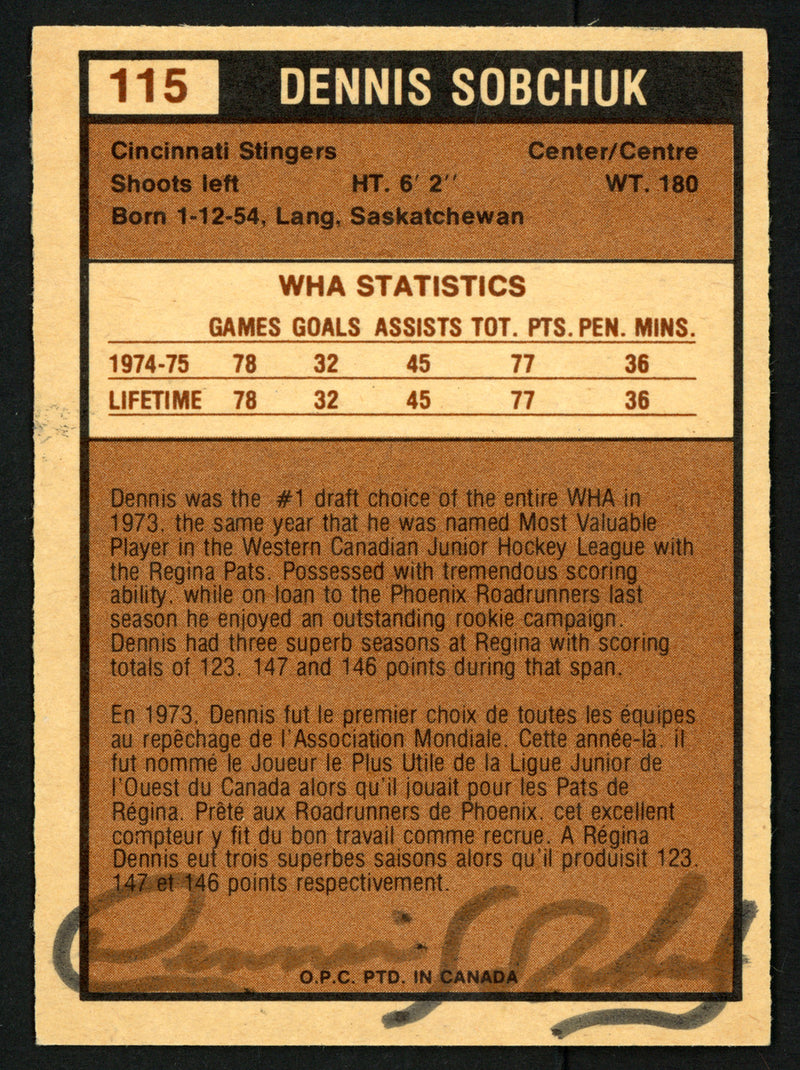 Dennis Sobchuk Autographed 1975-76 WHA O-Pee-Chee Card #115 Cincinnati Stingers SKU #151331