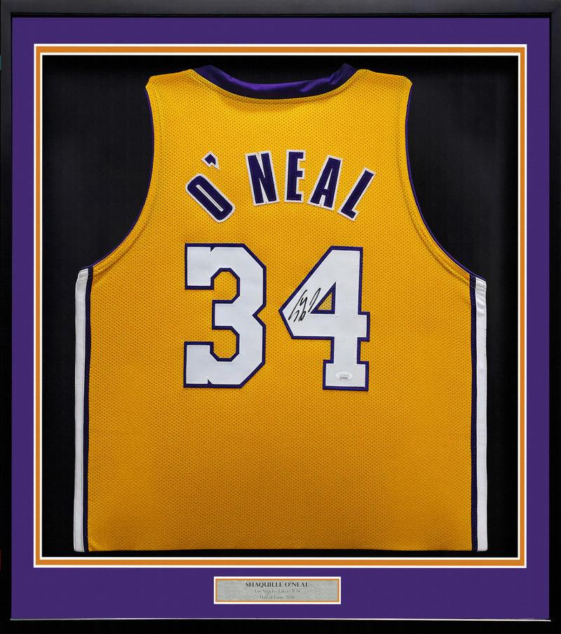 Los Angeles Lakers Shaquille O'Neal Autographed Framed Gold Jersey JSA Witness Stock #253343