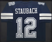 Dallas Cowboys Roger Staubach Autographed Framed Navy Blue Jersey Beckett BAS Witness Stock #252813
