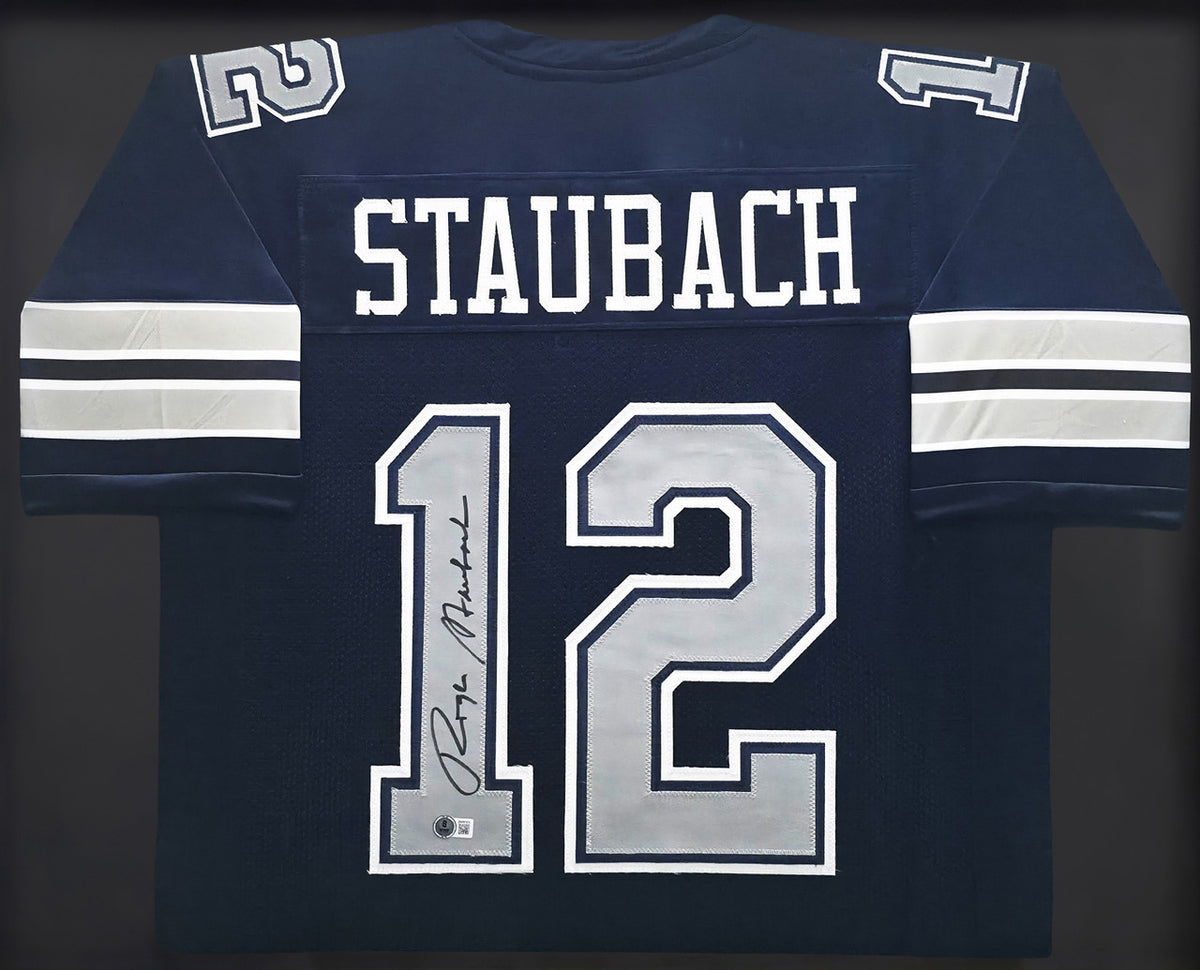 Dallas Cowboys Roger Staubach Autographed Framed Navy Blue Jersey Beckett BAS Witness Stock #252813