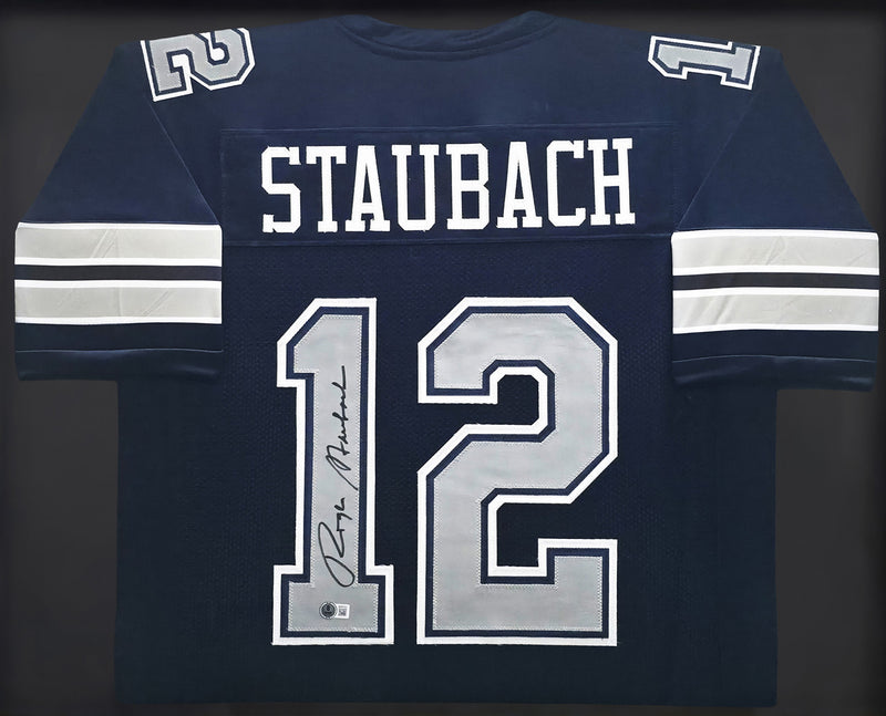 Dallas Cowboys Roger Staubach Autographed Framed Navy Blue Jersey Beckett BAS Witness Stock #252813