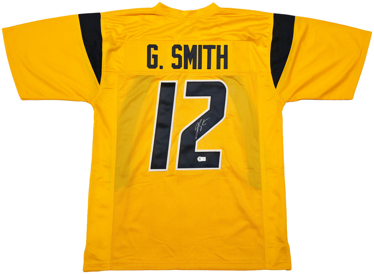 West Virginia Mountaineer Geno Smith Autographed Gold Jersey Beckett BAS Witness Stock #254166