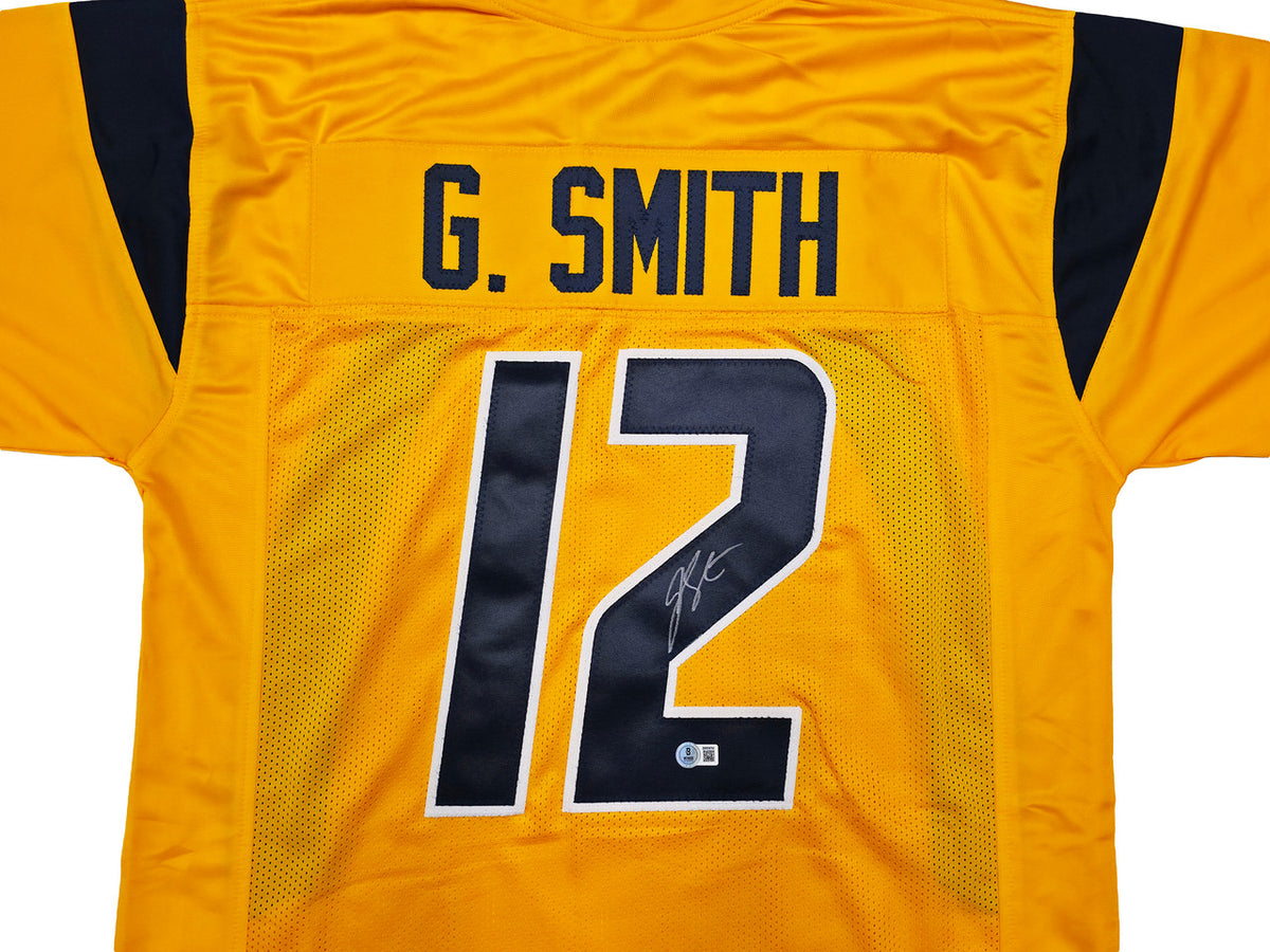 West Virginia Mountaineer Geno Smith Autographed Gold Jersey Beckett BAS Witness Stock #254166