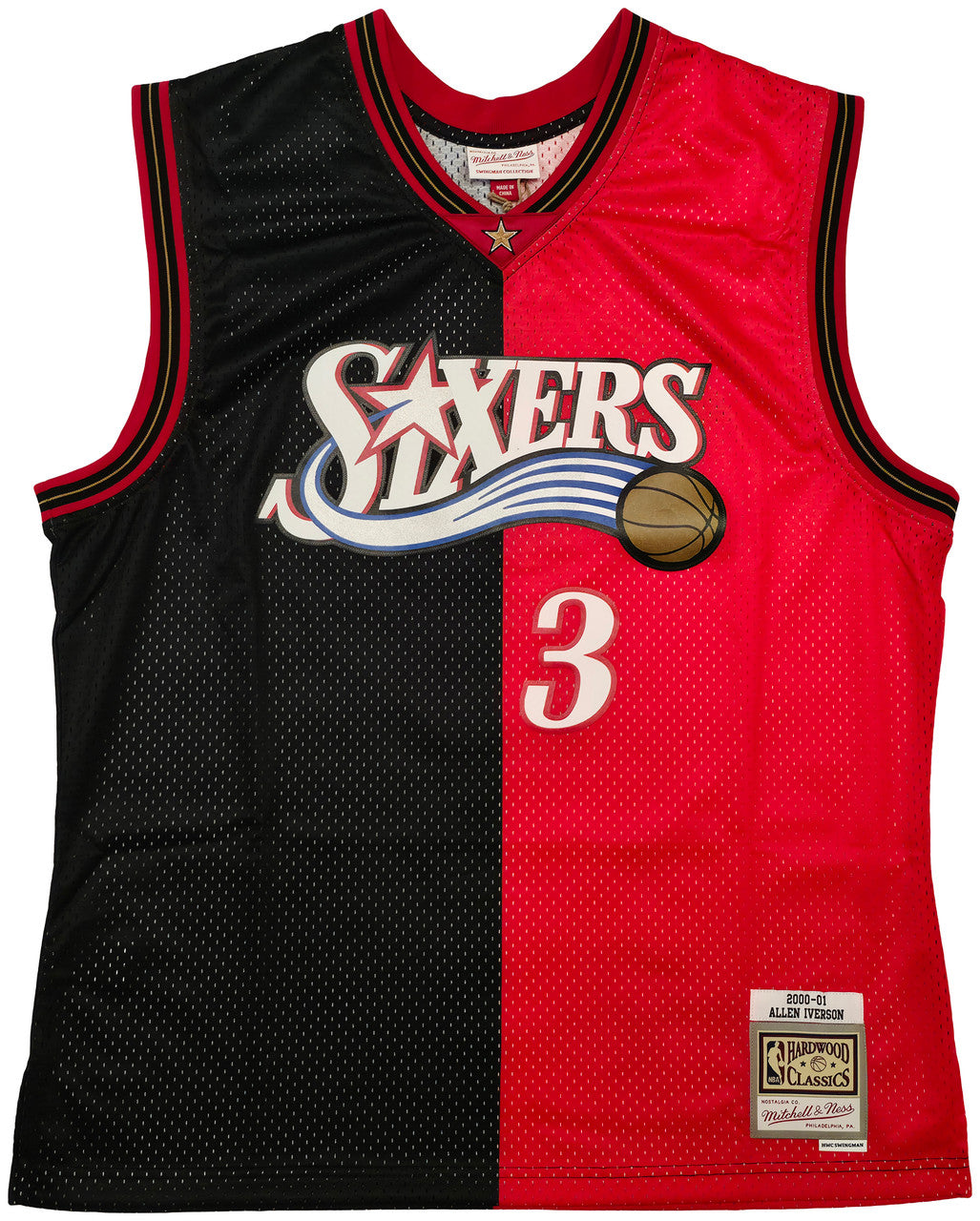 Philadelphia 76ers Allen Iverson Autographed Black & Red Authentic Mitchell & Ness 2000-01 HWC Swingman Split Jersey Size XL Beckett BAS Witness Stock #253624