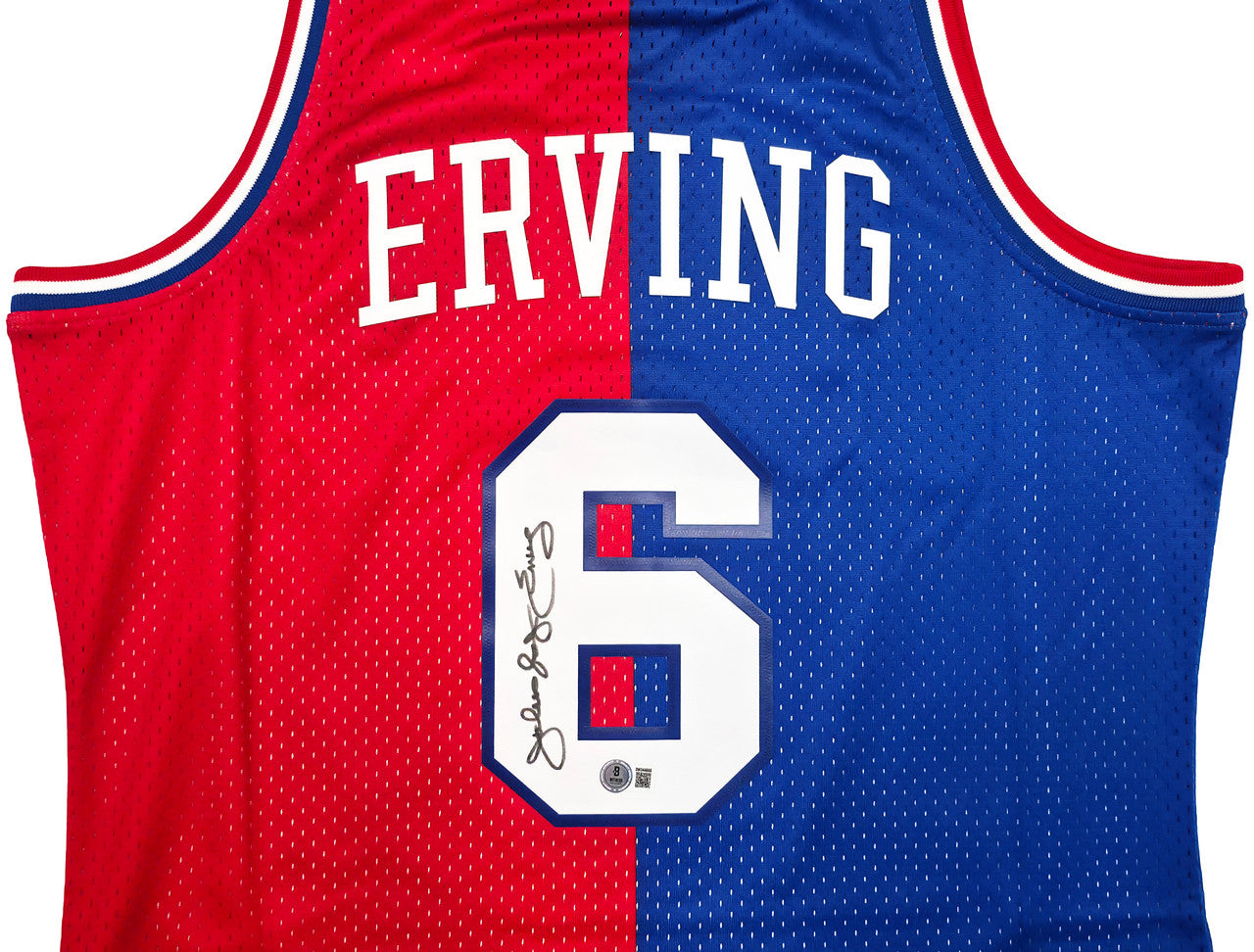 Philadelphia 76ers Julius "Dr. J" Erving Autographed Red & Blue Authentic Mitchell & Ness 1982-83 HWC Swingman Jersey Size L Beckett BAS Witness Stock #253700