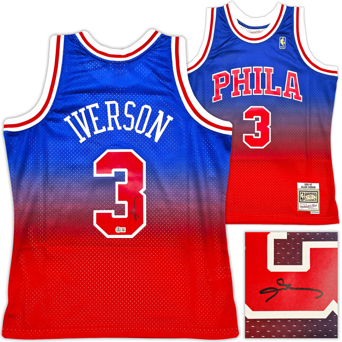 Philadelphia 76ers Allen Iverson Autographed Red Authentic Mitchell & Ness 1996-97 HWC Swingman Fadeaway Jersey Size L Beckett BAS Witness Stock #253632