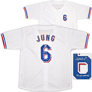 Texas Rangers Josh Jung Autographed White Jersey "23 WS Champs" Beckett BAS Witness Stock #253564