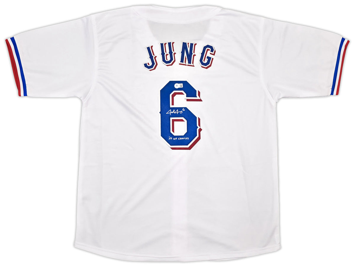 Texas Rangers Josh Jung Autographed White Jersey "23 WS Champs" Beckett BAS Witness Stock #253564