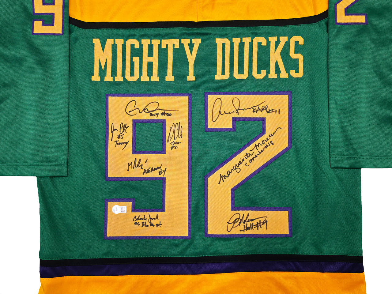 The Mighty Ducks Cast Autographed Green Hockey Sweater Jersey With 8 Signatures Beckett BAS Witness Stock #253582
