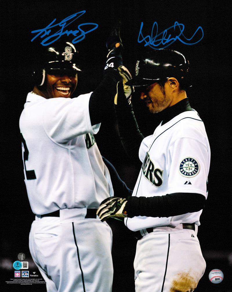 Ken Griffey Jr. & Ichiro Suzuki Autographed Framed 16x20 Photo Seattle Mariners Spotlight In Blue Beckett BAS QR Stock #265807