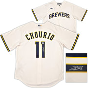 Milwaukee Brewers Jackson Chourio Autographed Cream Nike Jersey Size XL Beckett BAS QR Stock #254435