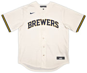 Milwaukee Brewers Jackson Chourio Autographed Cream Nike Jersey Size XL Beckett BAS QR Stock #254435