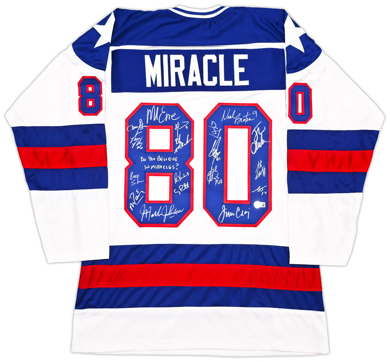 1980 Team USA Miracle on Ice Autographed White Jersey "Do You Believe In Miracles?!" With 18 Signatures Including Eruzione & Craig Beckett BAS Witness Stock #254436