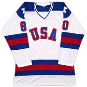 1980 Team USA Miracle on Ice Autographed White Jersey "Do You Believe In Miracles?!" With 18 Signatures Including Eruzione & Craig Beckett BAS Witness Stock #254436