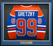 Edmonton Oilers Wayne Gretzky Autographed Framed Blue & Orange Jersey Beckett BAS QR Stock #254312