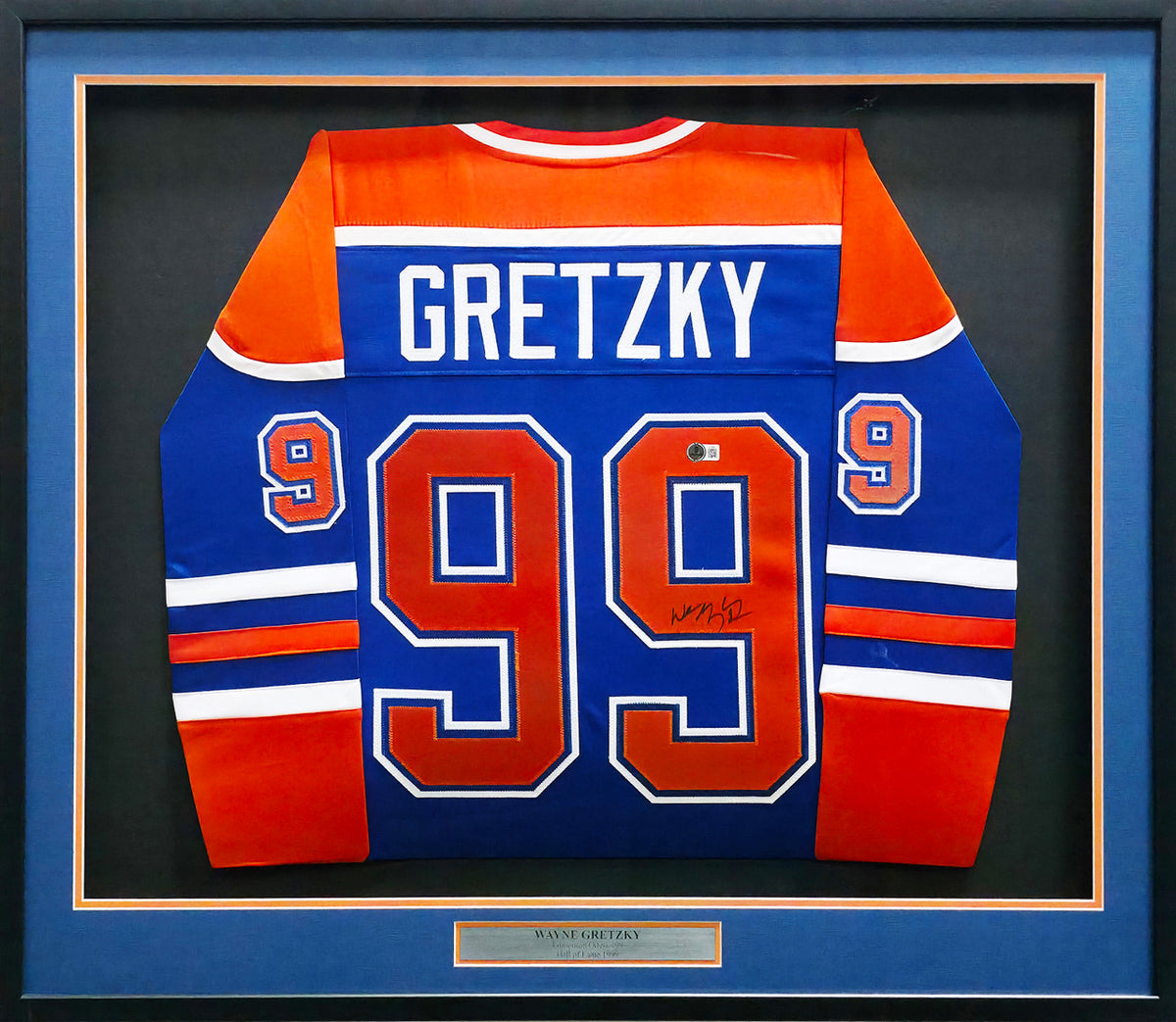 Edmonton Oilers Wayne Gretzky Autographed Framed Blue & Orange Jersey Beckett BAS QR Stock #254313