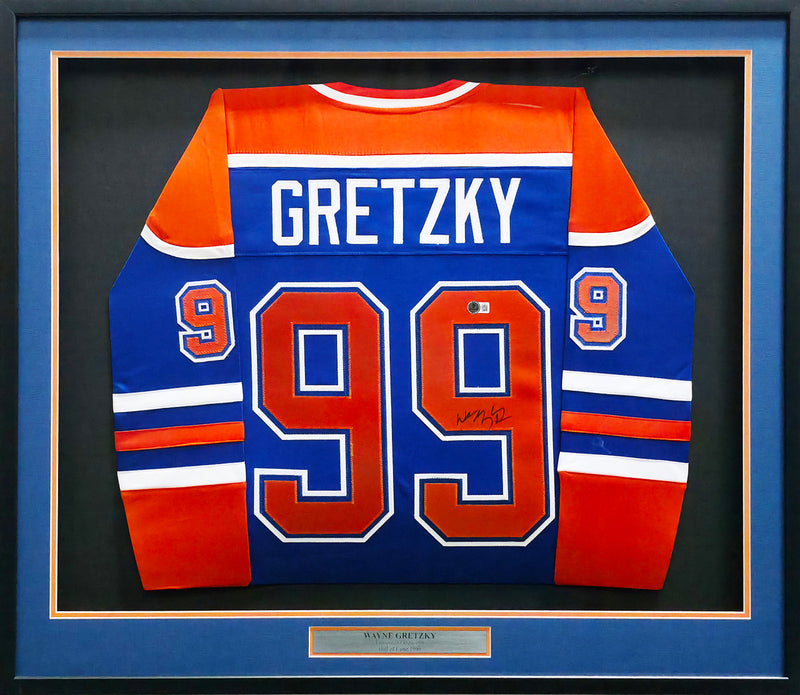 Edmonton Oilers Wayne Gretzky Autographed Framed Blue & Orange Jersey Beckett BAS QR Stock #254313