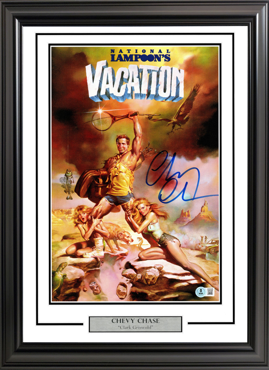 Chevy Chase Autographed Framed 11x17 Vacation Movie Poster Beckett BAS Witness Stock #256659