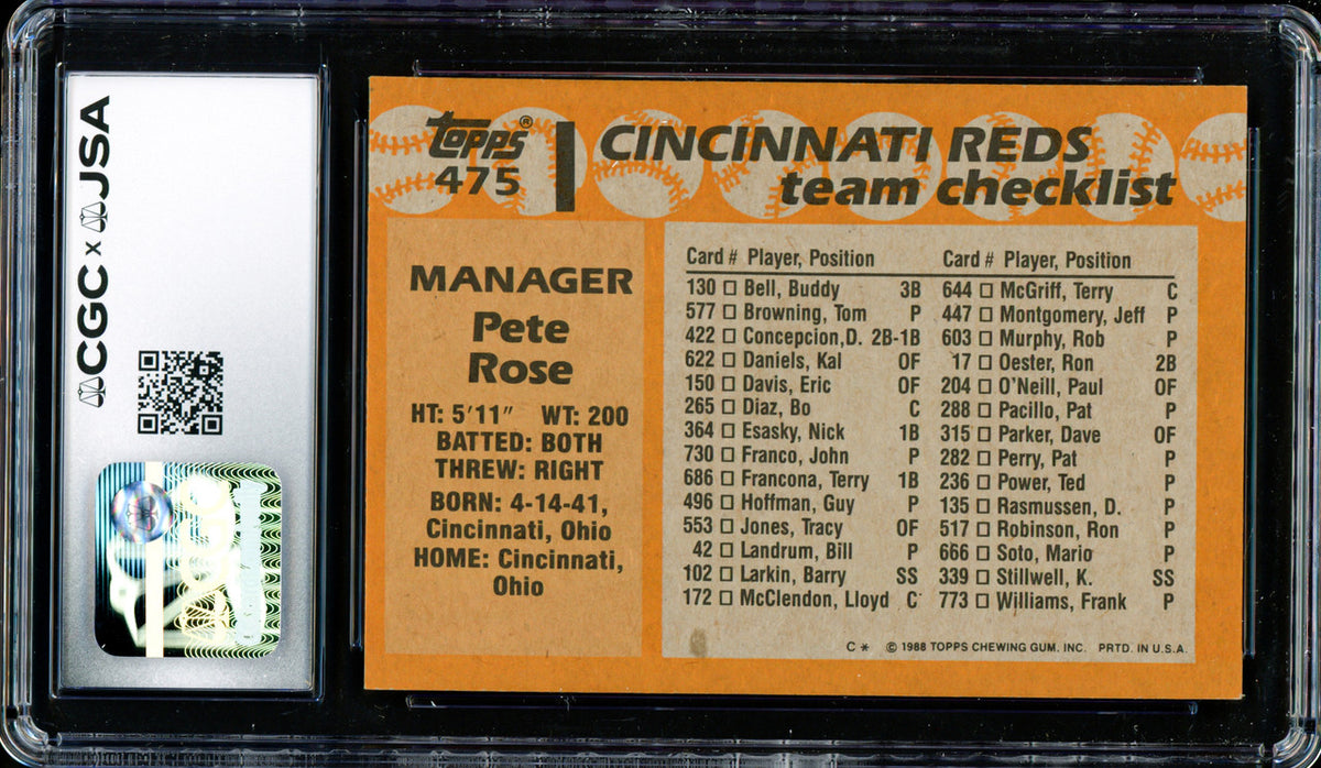 Pete Rose Autographed 1988 Topps Card #475 Cincinnati Reds CGC x JSA Stock #254382