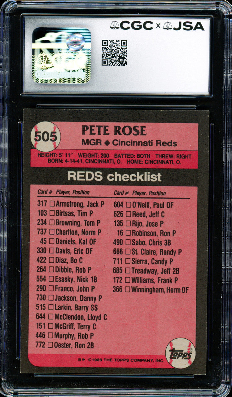Pete Rose Autographed 1989 Topps Card #505 Cincinnati Reds CGC x JSA Stock #254383