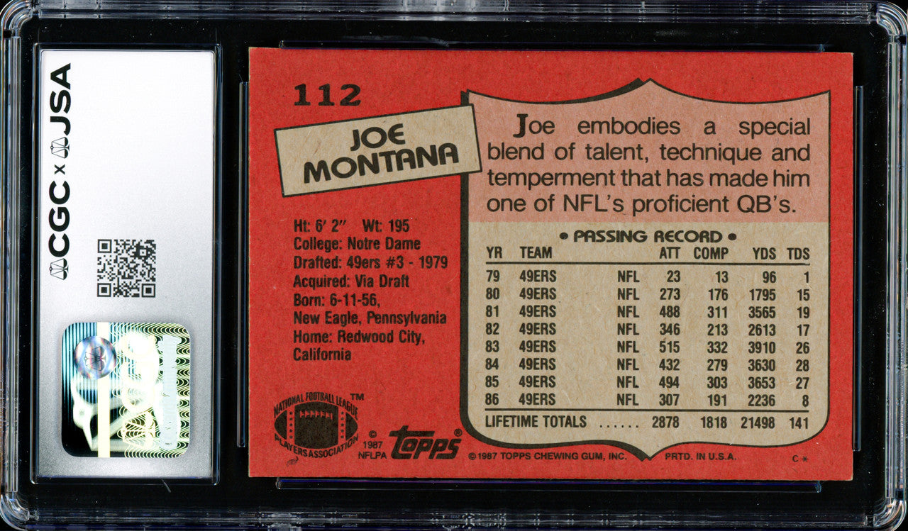 Joe Montana Autographed 1987 Topps Card #112 San Francisco 49ers CGC x JSA 8 Auto Grade Gem Mint 10 CGC x JSA Stock #254403