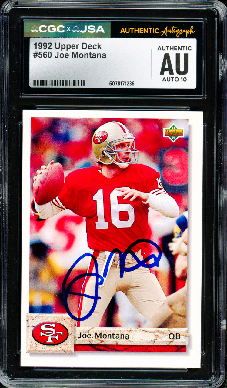 Joe Montana Autographed 1992 Upper Deck Card #560 San Francisco 49ers Auto Grade Gem Mint 10 CGC x JSA Stock #254422