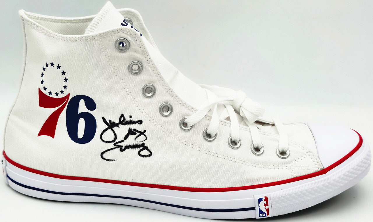 Julius "Dr. J" Erving Autographed White All Star Philadelphia 76ers Logo Converse Shoes Size 16 Beckett BAS QR Stock #256802