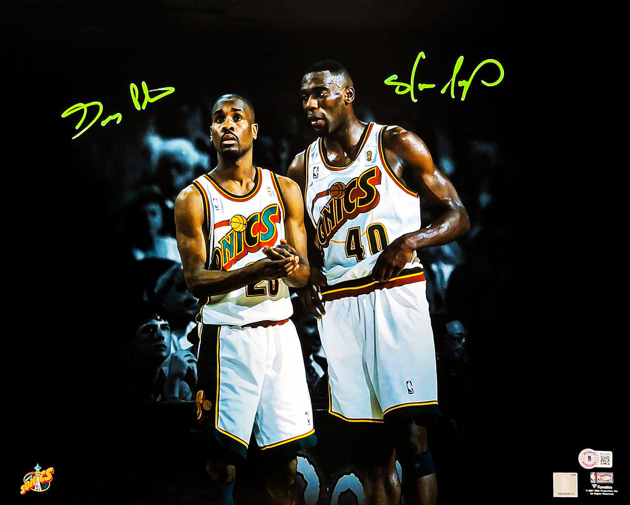 Gary Payton & Shawn Kemp Autographed Framed 16x20 Photo Seattle Supersonics Beckett BAS QR Stock #256674