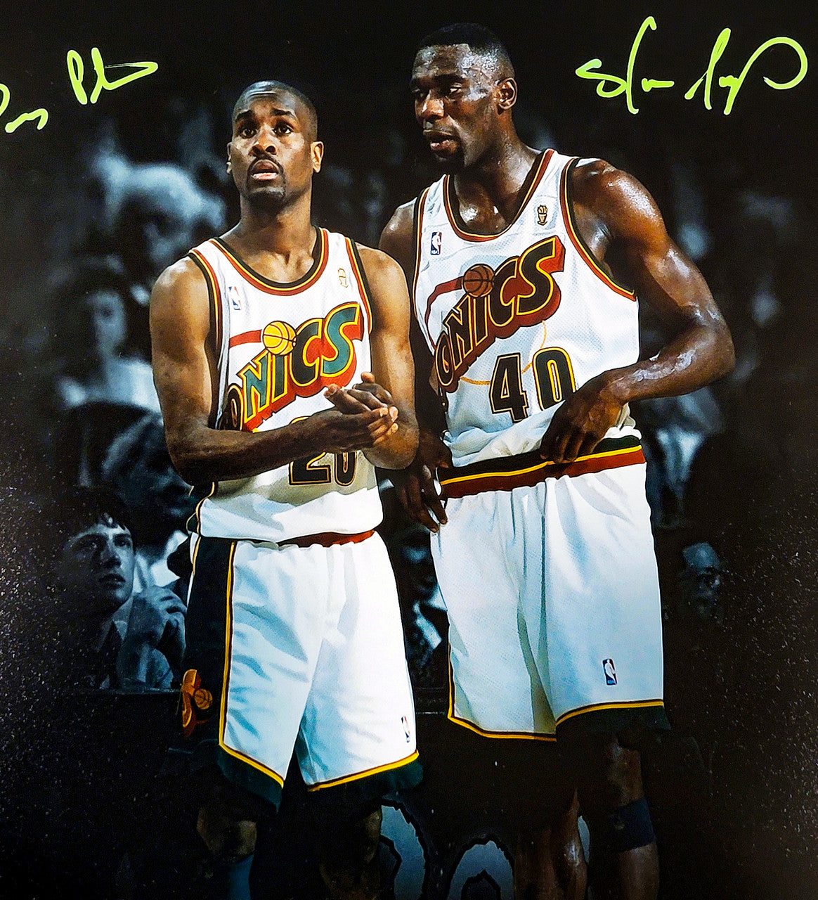 Gary Payton & Shawn Kemp Autographed Framed 16x20 Photo Seattle Supersonics Beckett BAS QR Stock #256674