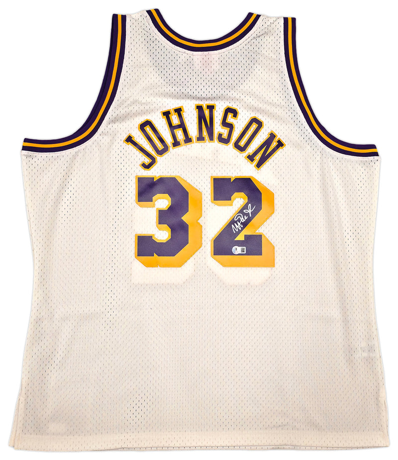 Los Angeles Lakers Magic Johnson Autographed Cream Authentic Mitchell & Ness 1984-85 Hardwood Classic Swingman Jersey Size XXL Beckett BAS Witness Stock #256706