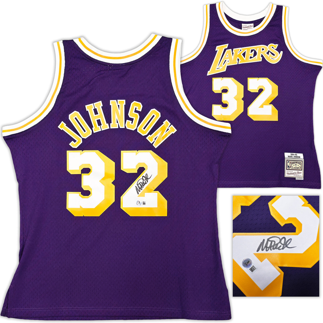 Los Angeles Lakers Magic Johnson Autographed Purple Authentic Mitchell & Ness 1984-85 Hardwood Classic Swingman Jersey Size XL Beckett BAS Witness Stock #256708