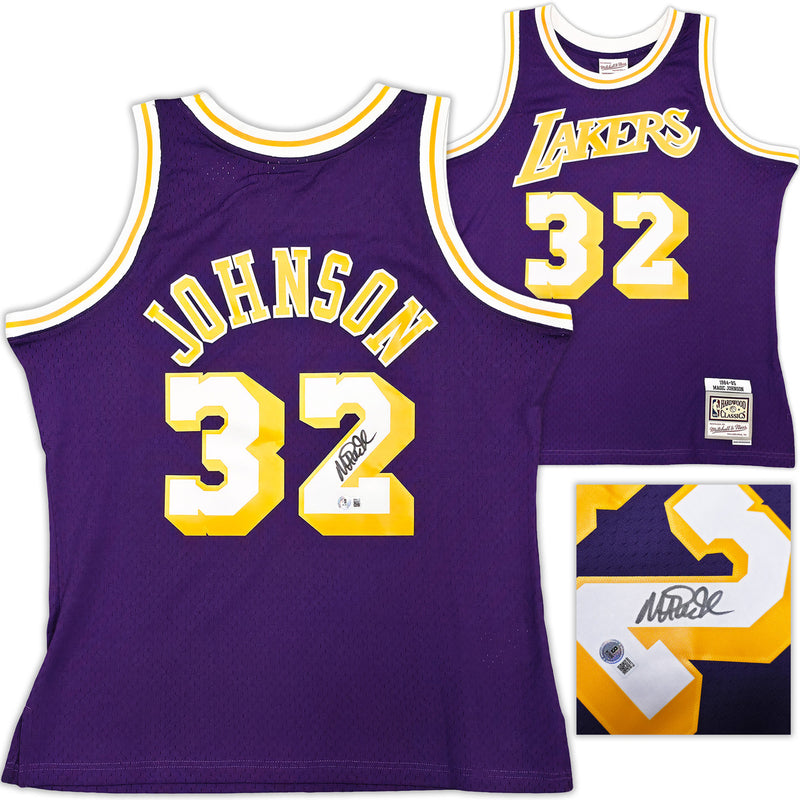 Los Angeles Lakers Magic Johnson Autographed Purple Authentic Mitchell & Ness 1984-85 Hardwood Classic Swingman Jersey Size XL Beckett BAS Witness Stock #256708