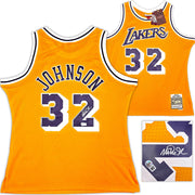Los Angeles Lakers Magic Johnson Autographed Yellow Authentic Mitchell & Ness 1984-85 Hardwood Classic Swingman Jersey Size L Beckett BAS Witness Stock #256709