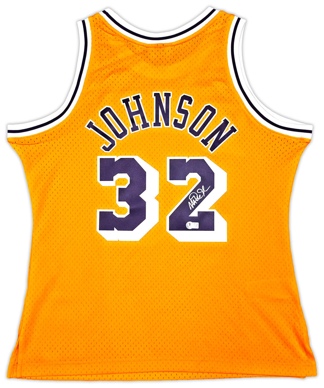 Los Angeles Lakers Magic Johnson Autographed Yellow Authentic Mitchell & Ness 1984-85 Hardwood Classic Swingman Jersey Size XL Beckett BAS Witness Stock #256710