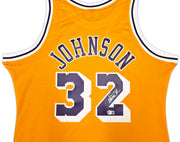 Los Angeles Lakers Magic Johnson Autographed Yellow Authentic Mitchell & Ness 1984-85 Hardwood Classic Swingman Jersey Size L Beckett BAS Witness Stock #256709