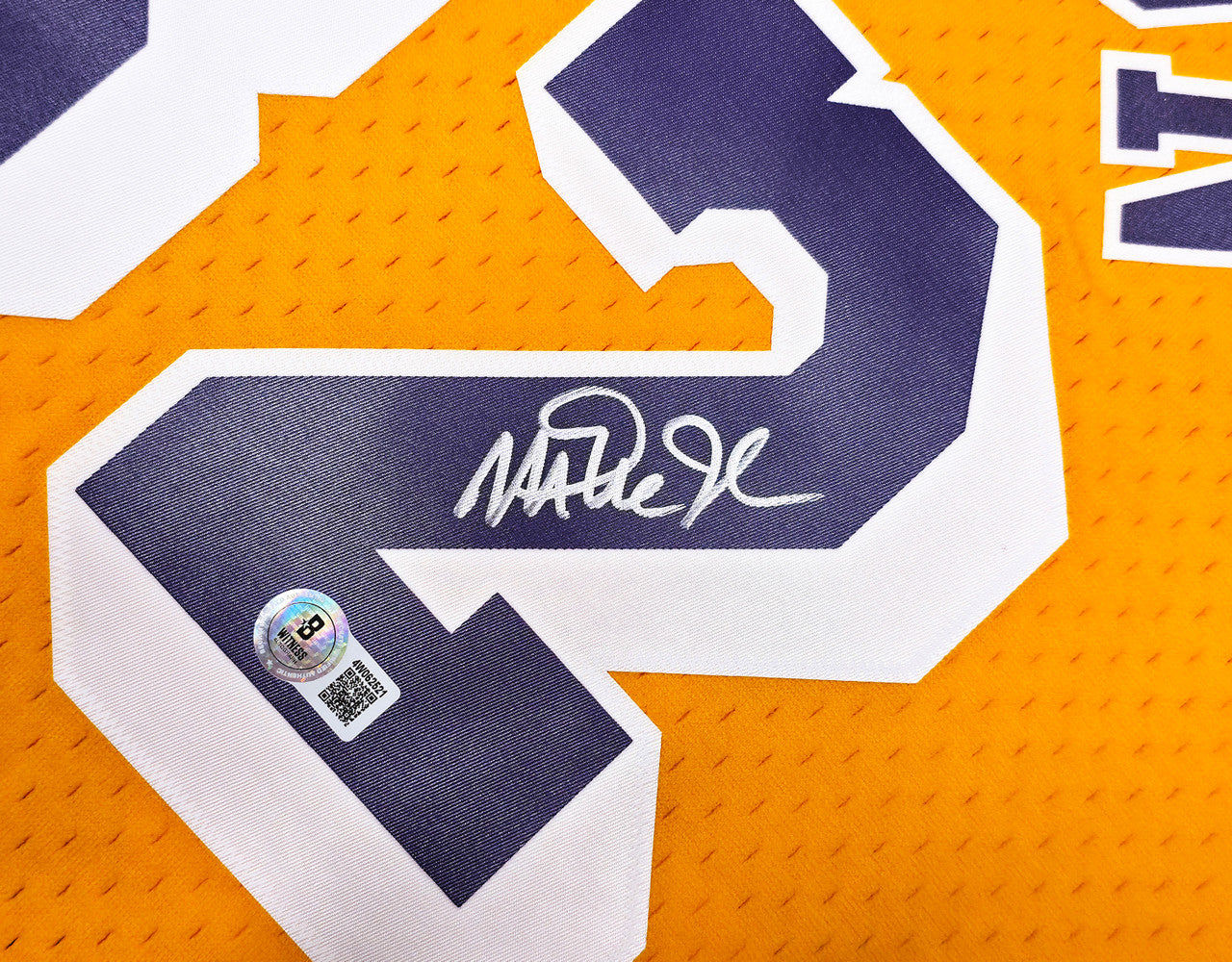 Los Angeles Lakers Magic Johnson Autographed Yellow Authentic Mitchell & Ness 1984-85 Hardwood Classic Swingman Jersey Size L Beckett BAS Witness Stock #256709