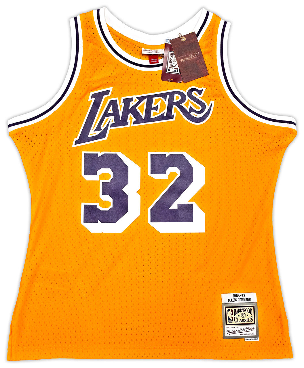 Los Angeles Lakers Magic Johnson Autographed Yellow Authentic Mitchell & Ness 1984-85 Hardwood Classic Swingman Jersey Size L Beckett BAS Witness Stock #256709
