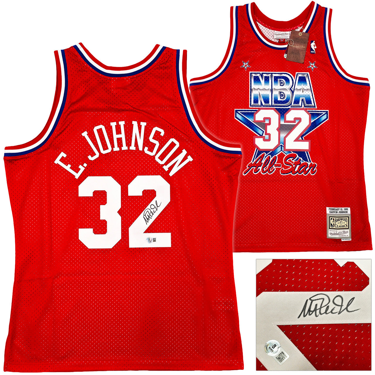 Los Angeles Lakers Magic Johnson Autographed Red Authentic Mitchell & Ness 1991 All Star Game Hardwood Classic Swingman Jersey Size XXL Beckett BAS Witness Stock #256712