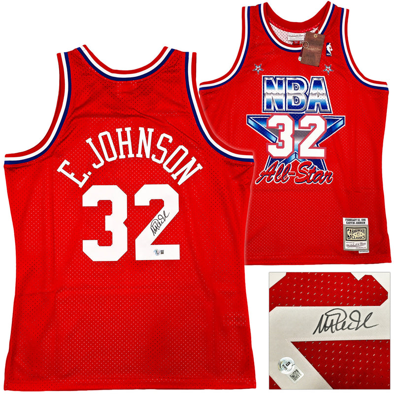 Los Angeles Lakers Magic Johnson Autographed Red Authentic Mitchell & Ness 1991 All Star Game Hardwood Classic Swingman Jersey Size XXL Beckett BAS Witness Stock #256712