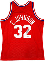 Los Angeles Lakers Magic Johnson Autographed Red Authentic Mitchell & Ness 1991 All Star Game Hardwood Classic Swingman Jersey Size L Beckett BAS Witness Stock #256711