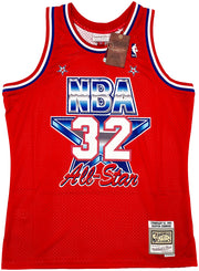 Los Angeles Lakers Magic Johnson Autographed Red Authentic Mitchell & Ness 1991 All Star Game Hardwood Classic Swingman Jersey Size L Beckett BAS Witness Stock #256711